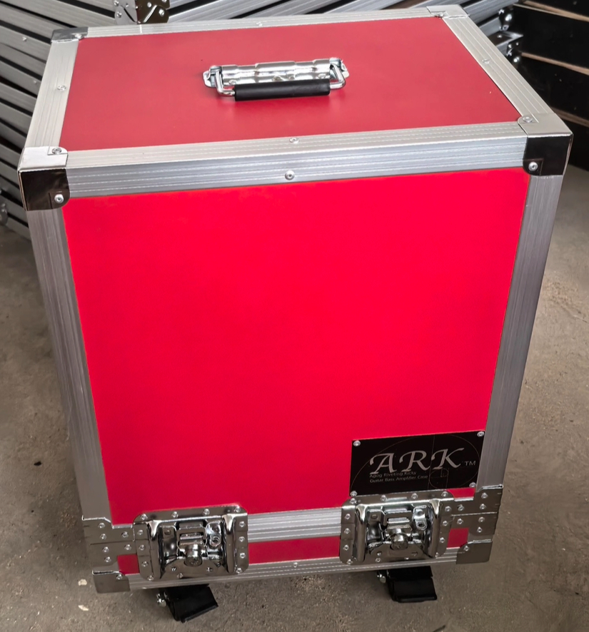 ARK amp case with Cherry-Red panels and a silver frame