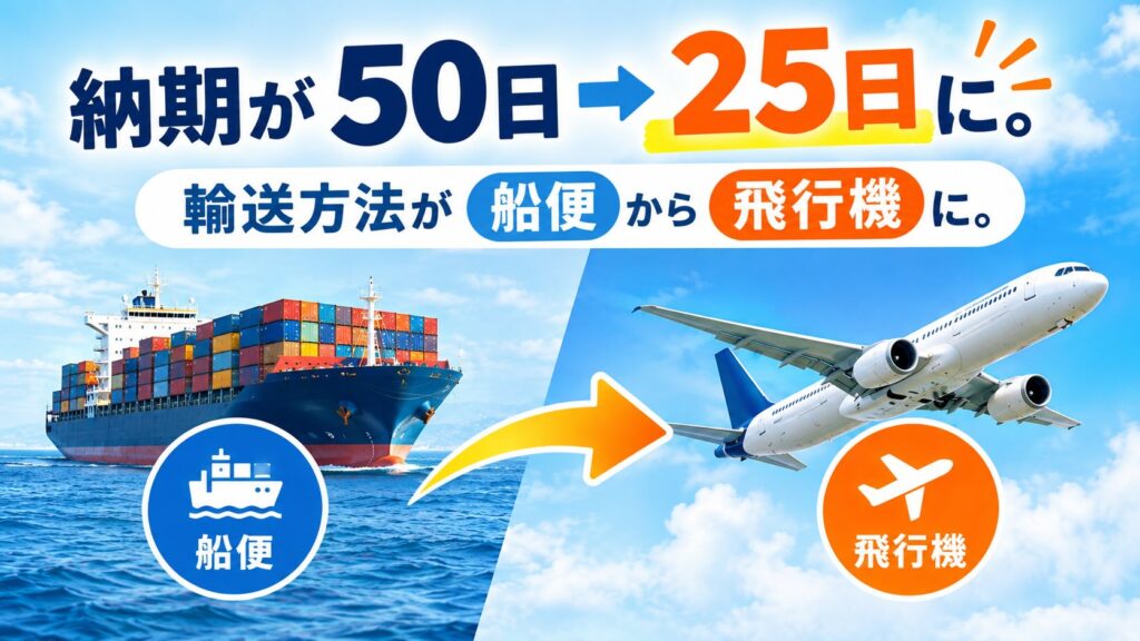 A cargo ship and an airplane illustrate a change in shipping method from sea freight to air freight, reducing delivery time from 50 days to 25 days.