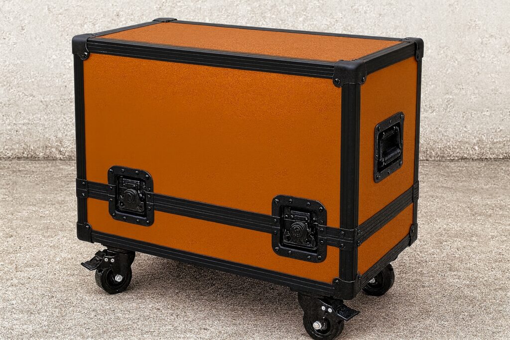 オレンジの板材とブラックのフレーム、ブラックのコーナーガード、ブラックのハンドルを組み合わせたツアーケース